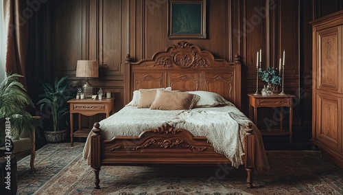 Elegant Carved Wooden Bed in Luxurious Bedroom Interior Design with Wooden Walls, Nightstands, and an Antique Wardrobe
