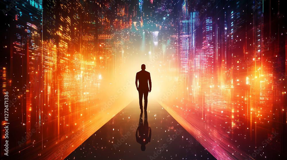 Silhouette of man standing on glowing pathway in futuristic cityscape, evoking sense of wonder and exploration. Surreal Glowing Pathways. Illustration Silhouette of man standing on glowing pathway in futuristic cityscape, evoking sense of wonder and exploration. Surreal Glowing Pathways. Illustration