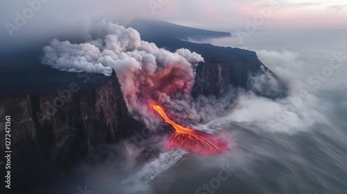 Dramatic Volcanic Eruption  Lava Flowing into Ocean