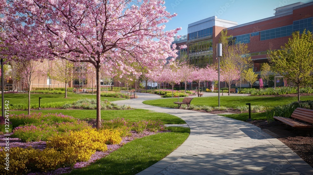 Fototapeta premium Spring Garden Burst with Life at a Modern Hospital Setting