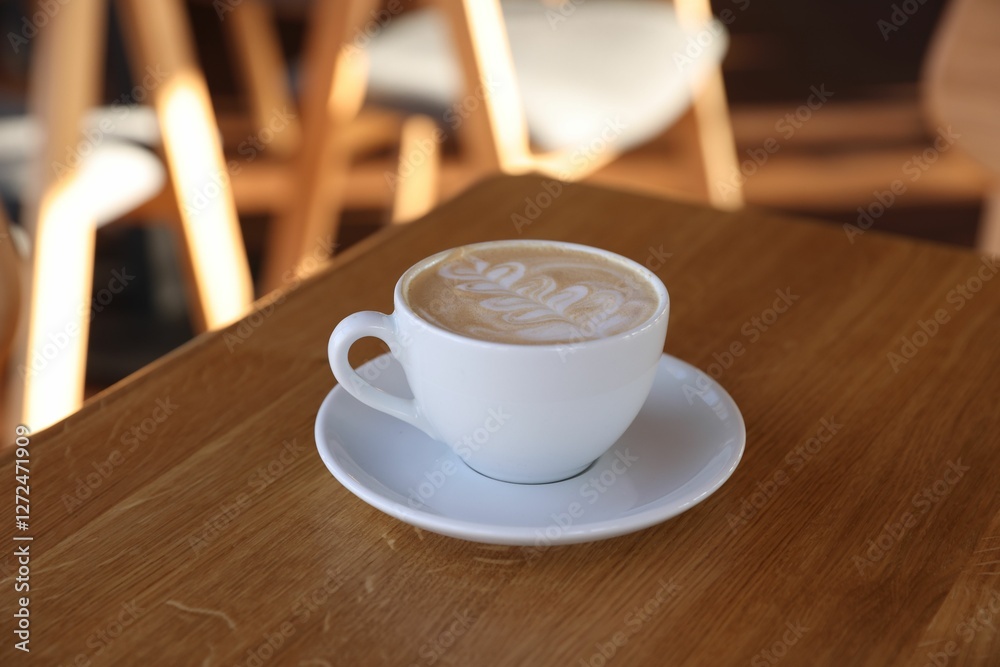 Obraz premium Cup of aromatic coffee on wooden table in cafe
