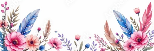 Rustic pink & blue floral composition, watercolor vintage style, isolated feathers , spring, art