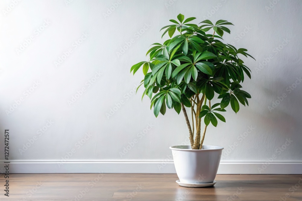 Fototapeta premium Minimalist indoor plant photography showcases an isolated Schefflera compacta, its vibrant green leaves contrasting the white background.