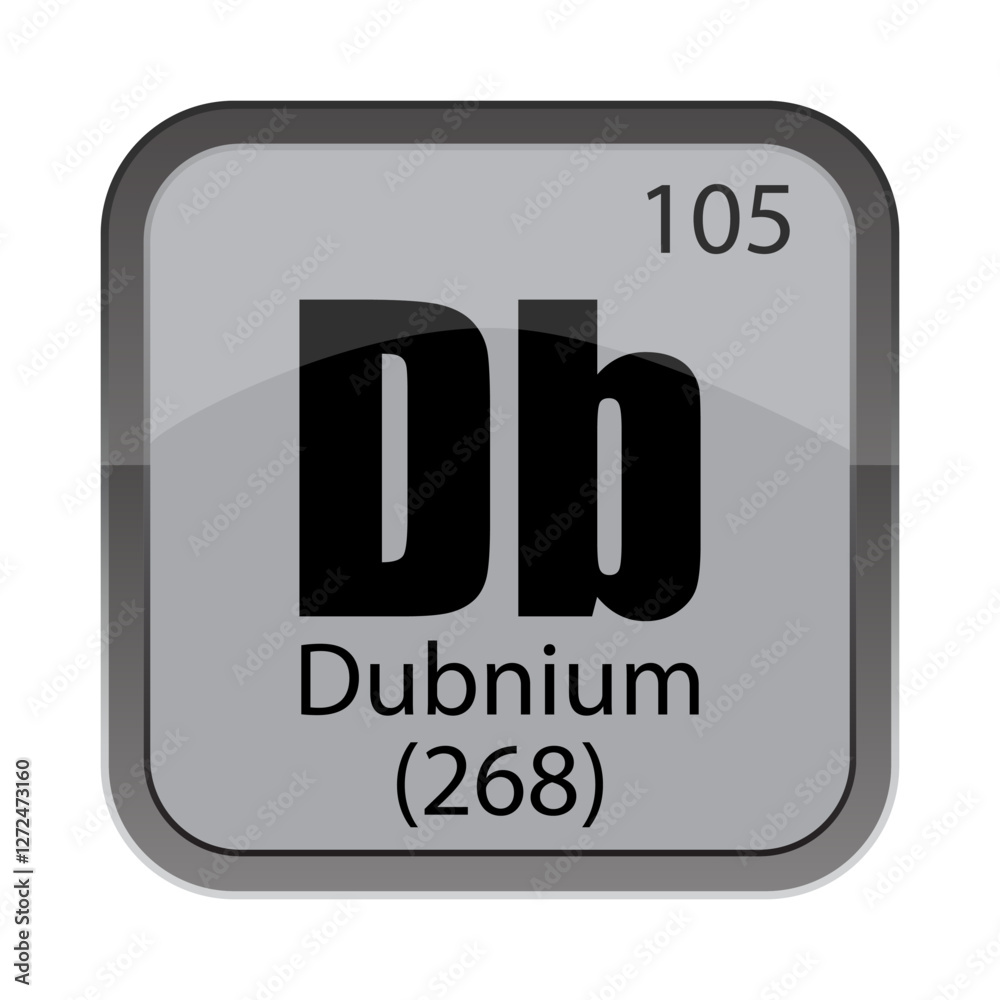 Dubnium Db tile. Atomic 105 number. 268 detail reference. Gray periodic block. Dubnium Db tile. Atomic 105 number. 268 detail reference. Gray periodic block.