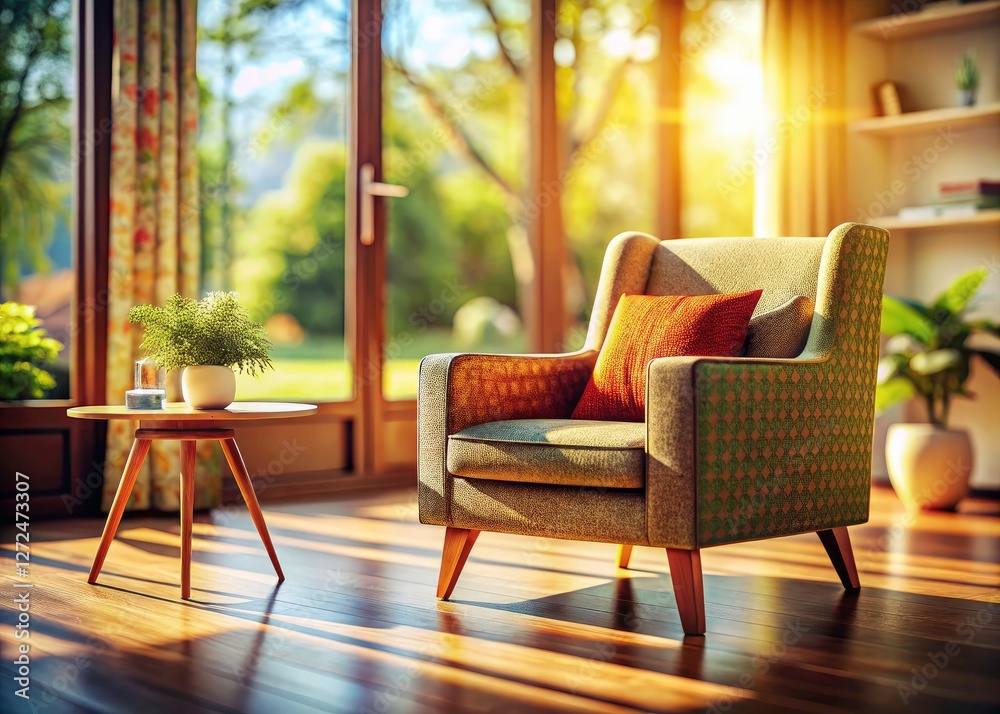 Fototapeta premium Modern living room, tilt-shift perspective; cozy armchair, abundant natural light defines the space.