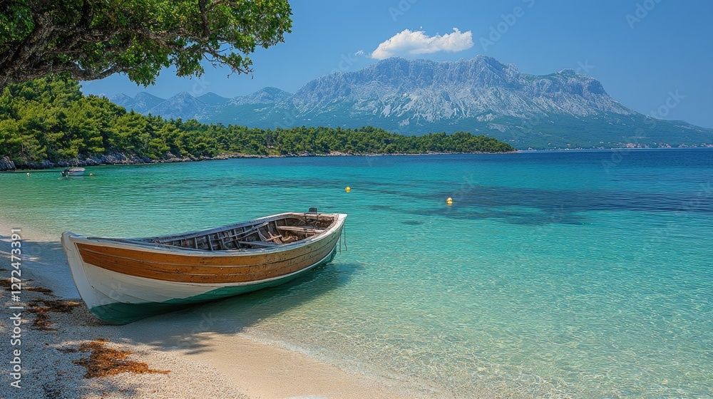 Coastal boat at serene beach, mountains background, summer vacation Coastal boat at serene beach, mountains background, summer vacation