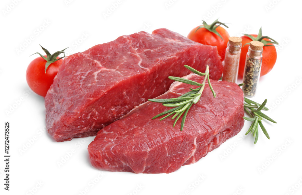 Pieces of raw beef meat, spices and tomatoes isolated on white Pieces of raw beef meat, spices and tomatoes isolated on white