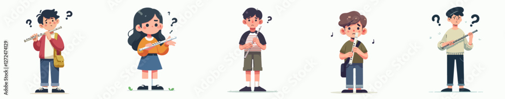 Vector of a teenager playing a flute with a confused expression, flat design, simple and minimalistic, plain white background, standing full body. Vector of a teenager playing a flute with a confused expression, flat design, simple and minimalistic, plain white background, standing full body.