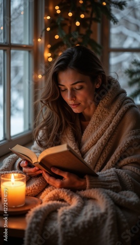 Woman reading a book by the window wrapped in a cozy blanket during winter