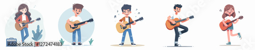 Vector of a teenager playing a guitar with a joyful expression, flat design, simple and minimalistic, plain white background, standing full body.