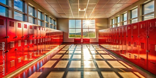 Motivational posters and stunning nature photography brighten a high school locker room,  red lockers adding a vibrant touch.