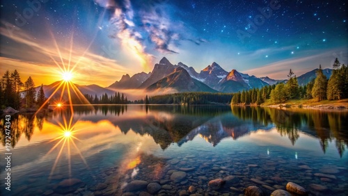 Mountain lake reflects a stunning starry sky, sunrise creating epic beauty.