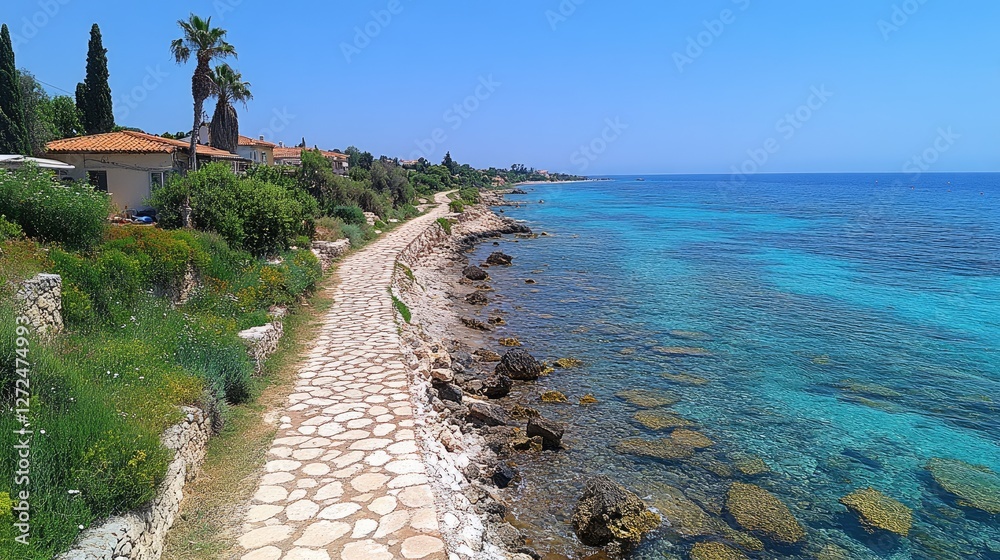 Coastal stone path, Mediterranean houses, turquoise sea, sunny day, travel brochure Coastal stone path, Mediterranean houses, turquoise sea, sunny day, travel brochure