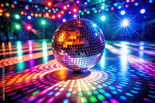 Nightlife explodes: vibrant party, dazzling disco ball reflections, energetic dancers fill the dance floor.