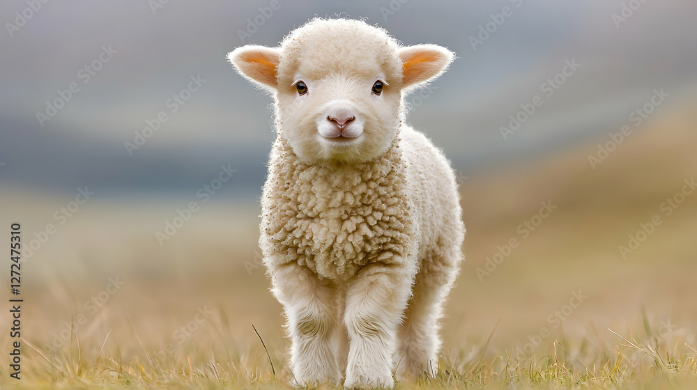 Obraz premium Cute lamb in field, spring, nature background, farm animal