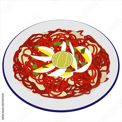 Typical Indonesian banjar habang noodles topped with boiled egg and lime