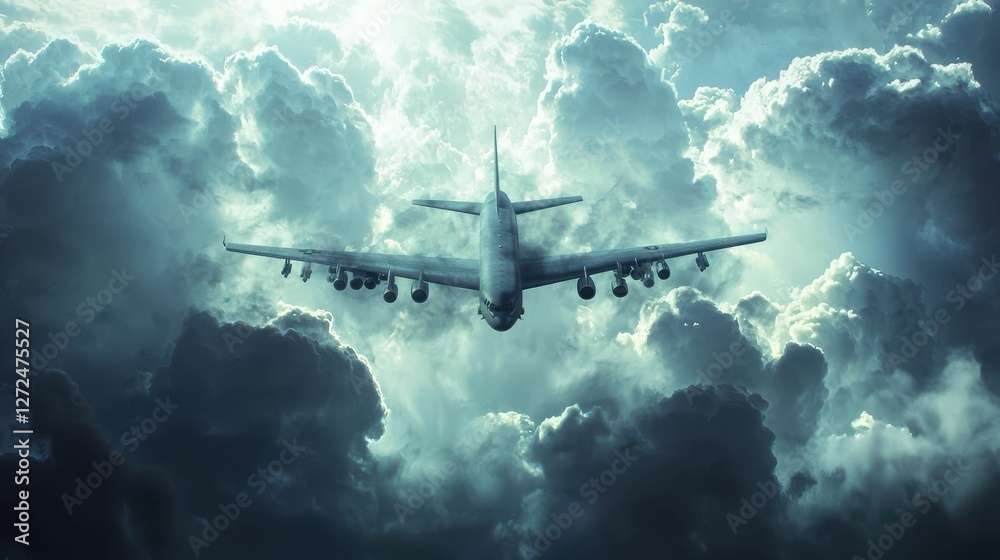 Naklejka premium Military Transport Plane Descending Through Dramatic Cloud Formation