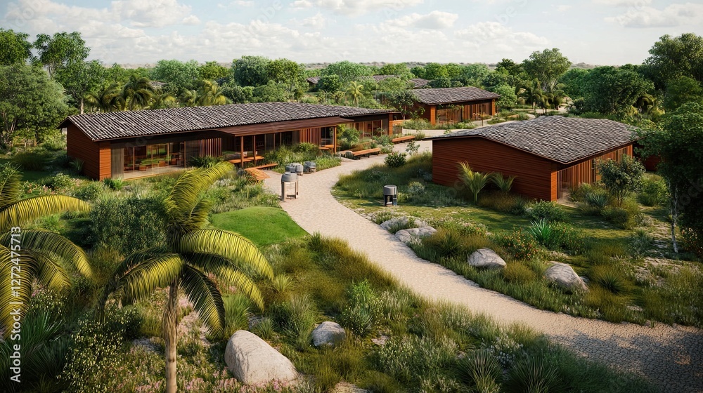 Tropical Resort Buildings Lush Landscaping Sunny Day Tropical Resort Buildings Lush Landscaping Sunny Day