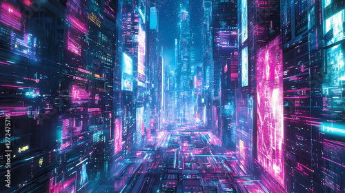 Wallpaper Mural A cyberpunk cityscape with holographic billboards and glowing pathways. Surreal Glowing Pathways. Illustration Torontodigital.ca
