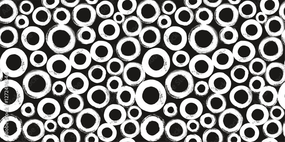 Doodle fun kid pattern with brush stroke bubbles. Dynamic cartoon black and white circles background. Cool vector design elements for cover, poster, banner, label, fabric, wallpaper, wrapping.	