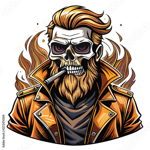 A detailed illustration of a bearded skull, clad in leather, nonchalantly smoking a large cigar.  Dark, moody lighting.