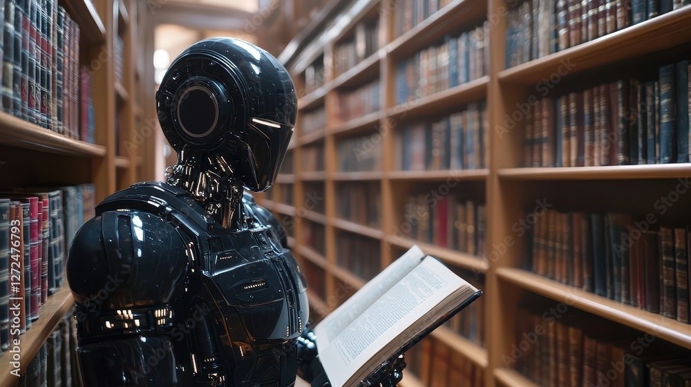 Robot sitting at a table reading a book in a modern library with shelves of books in the background