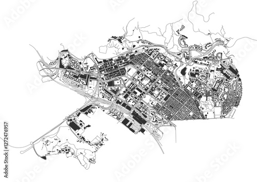 vector map of buildings and highways in sham shui po district in hongkong with black and white color