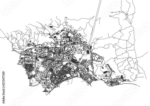 vector map of buildings and highways in wong tai sin district in hongkong with black and white color