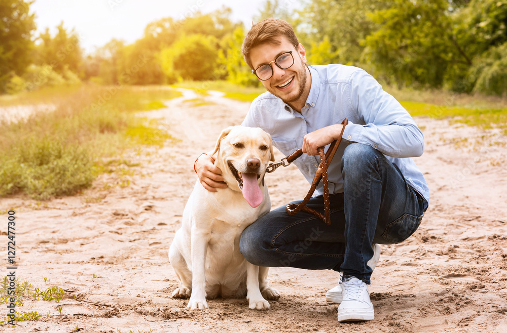 Pet's Love Concept. Portrait of cheerful guy in glasses sitting and embracing his loved dog, copy space Pet's Love Concept. Portrait of cheerful guy in glasses sitting and embracing his loved dog, copy space