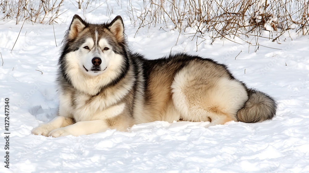 Majestic Alaskan Malamute Lying on Soft Winter Snow Landscape Majestic Alaskan Malamute Lying on Soft Winter Snow Landscape