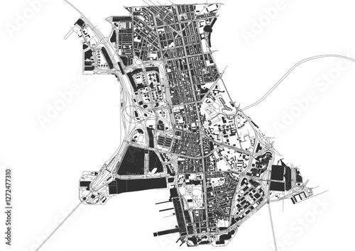 vector map of buildings waterway and highways in yau tsim mong district in hongkong with black and white color