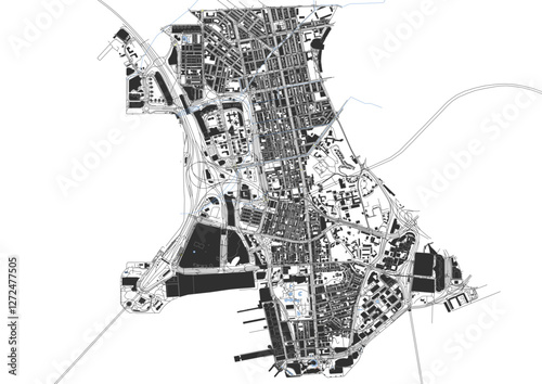 vector map of buildings, waterway and highways in yau tsim mong district in hongkong with black and white color