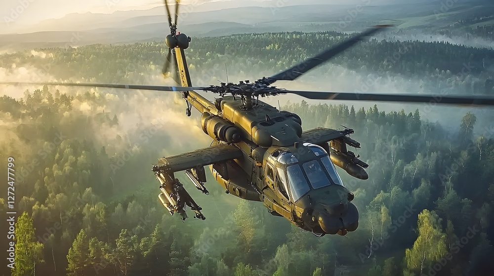 A photo of a heavily armored military helicopter equipped with electronic countermeasures against missiles soaring over a forested mountainous landscape at sunrise or sunset A photo of a heavily armored military helicopter equipped with electronic countermeasures against missiles soaring over a forested mountainous landscape at sunrise or sunset