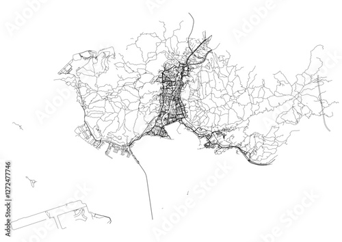 vector map of buildings,waterway and highways in tuen mun district in hongkong with black and white color