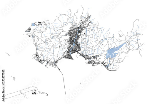 vector map of buildings,waterway and highways in tuen mun district in hongkong with black and white color