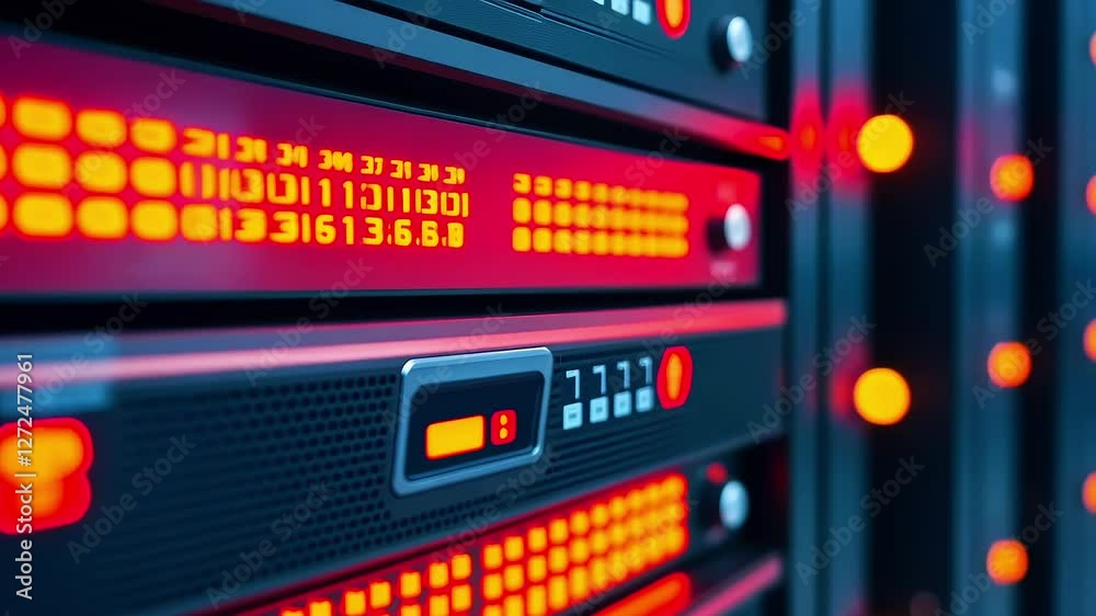 Close-up view of illuminated server racks in a data center showcasing vibrant LED indicators and controls