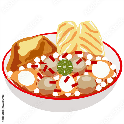 Indonesian spicy aci meatballs with a mixture of fried foods, pilus and tofu