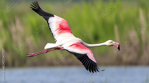 Elegant Pink Flamingo in Flight over Tranquil Wetland Landscape