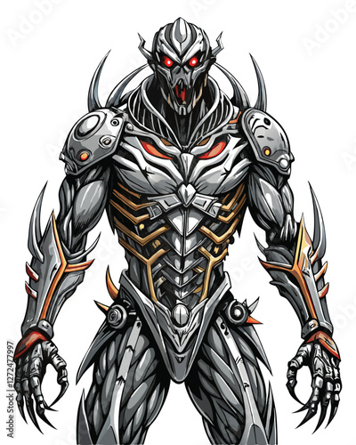 Render a terrifying biomechanical horror creature; its body a grotesque fusion of flesh and sharp, metallic limbs.  Focus on intricate detail and visceral textures.