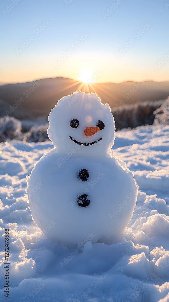 A cheerful snowman stands against a vibrant winter sunset.