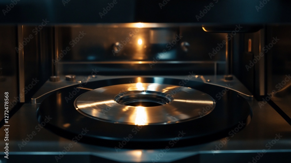 Close-up of a metallic disc inside a high-tech machine, illuminated by warm light. Industrial engineering and technology concept. Close-up of a metallic disc inside a high-tech machine, illuminated by warm light. Industrial engineering and technology concept.