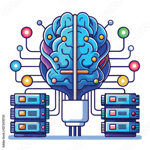 A futuristic brain-shaped supercomputer, pulsating with light, connected to thousands of data streams, showcasing advanced AI technology.