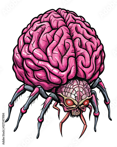 A human brain with eight spindly spider legs crawling on dark, earthy ground; eerie, surreal, biomechanical.