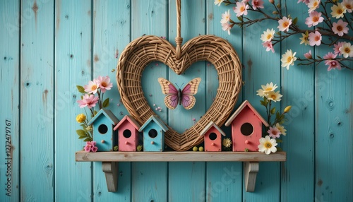 Colorful weathered wooden birdhouse on a tree with a small nesting hole in a garden during spring photo