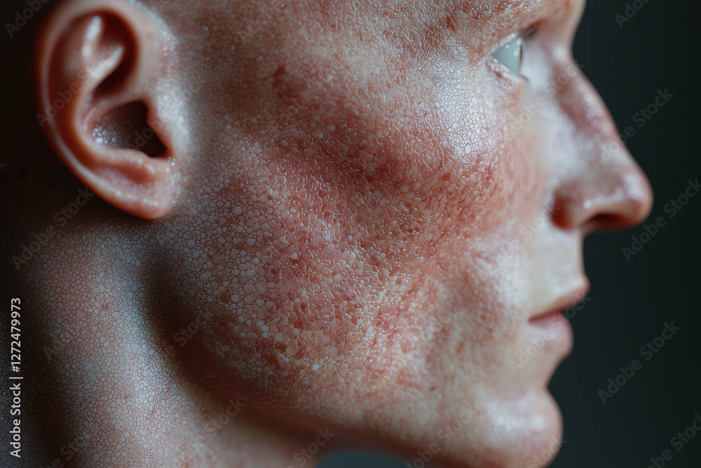 Close up of digital human with AI coded skin texture, showcasing intricate details and realistic features. image evokes sense of advanced technology and artistry