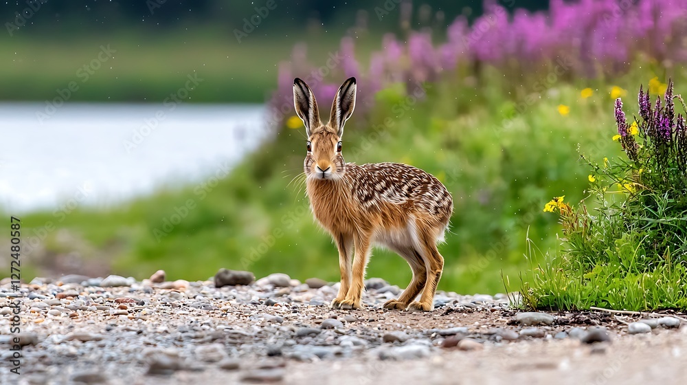 Wild Brown Hare Standing on a Gravel Path Near Purple Flowers Wild Brown Hare Standing on a Gravel Path Near Purple Flowers