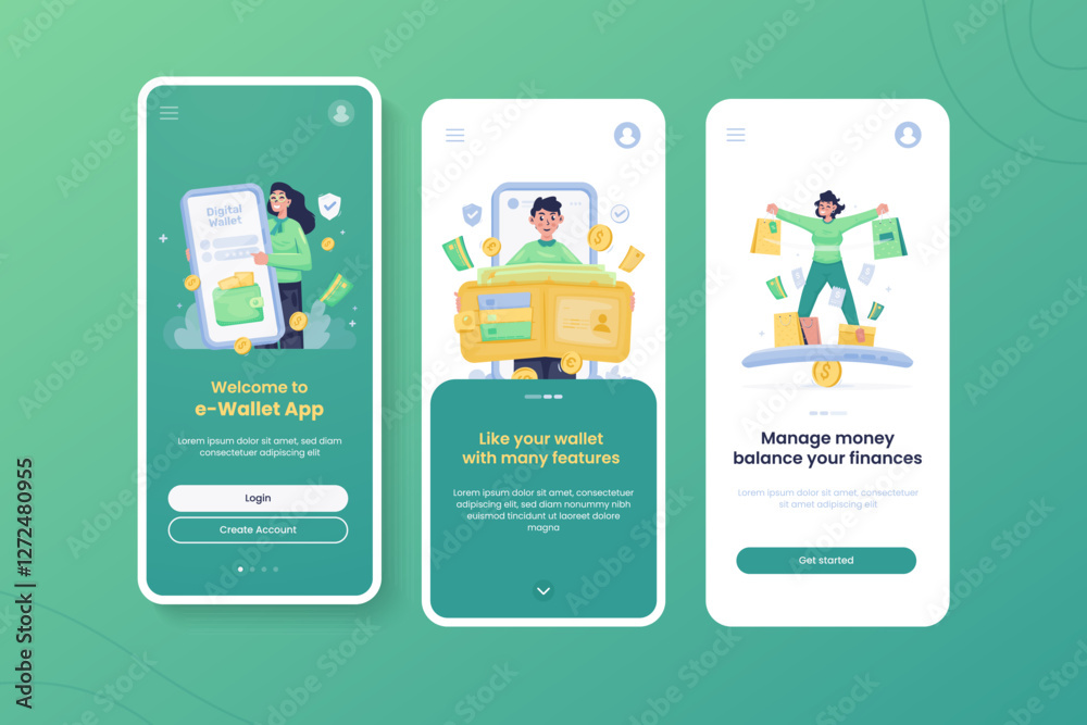 Fototapeta premium Onboarding screen ewallet application illustration starter kit