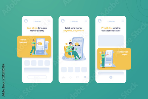 Electronic wallet application illustration kit on onboarding screen vector design