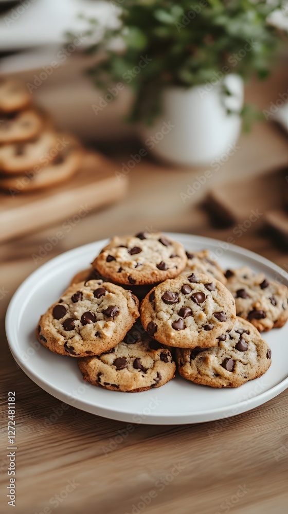 Delicious homemade chocolate chip cookies on a white plate. Delicious homemade chocolate chip cookies on a white plate.