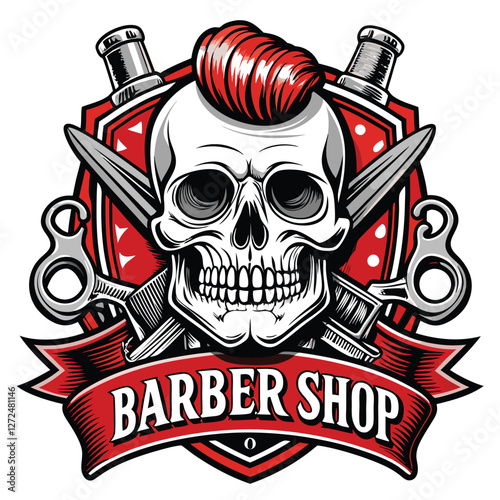 Design a vintage barber shop logo featuring crossed barber razors and a stylized skull, embodying classic barbershop aesthetics.
